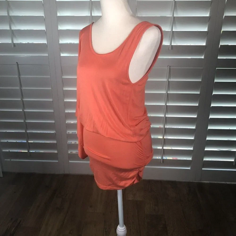 NEW Arden B Bright Coral One Shoulder Kimono Mini Dress M Ruched Bodycon Skirt